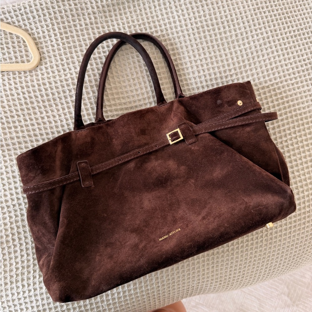 Mansur Atelier Dark Brown Suede Laptop Tote with Belt Detail